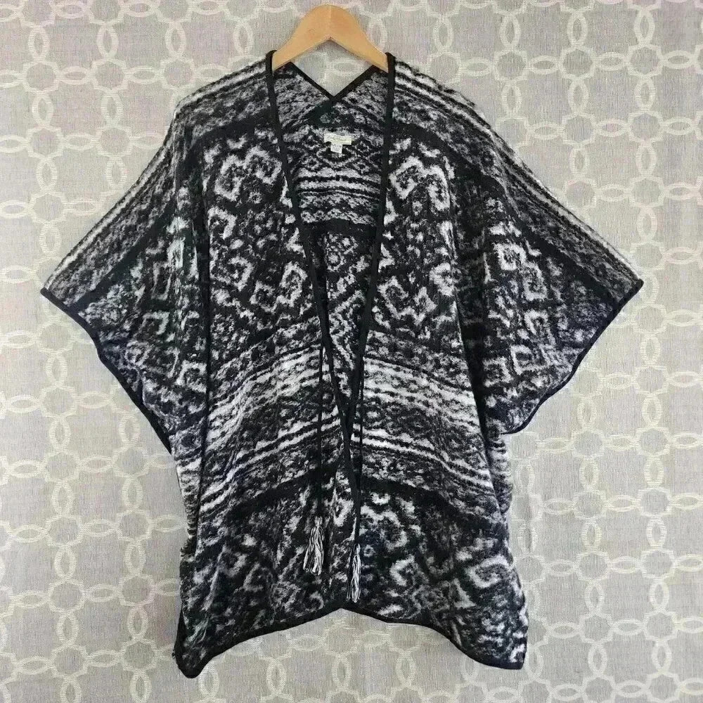 Lucky Brand Wool Open Front /Tassel Tied Aztec Kimono Sweater Cardigan One size